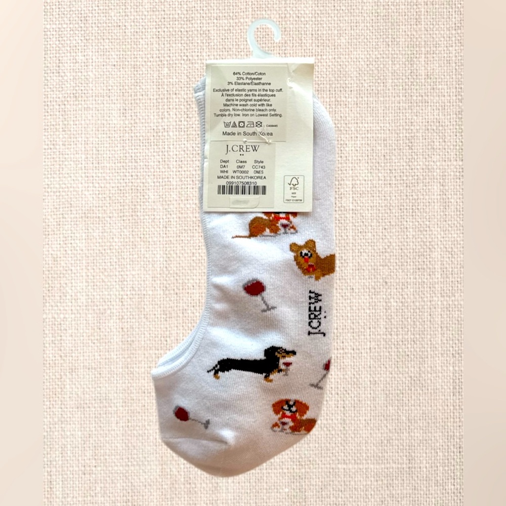 NWT J.Crew Women’s White No Show Socks w/Dogs & Wine Glasses Theme Socks Sz: OS - Picture 2 of 4